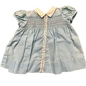 Vintage light blue baby girls dress white collar see Msmts smocked 6 mos 💙